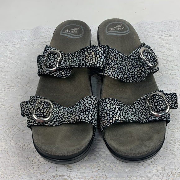 Dansko Leather wedge Sandals Adjustable Buckle strap iridescent black gray Sz 40 - Picture 2 of 12